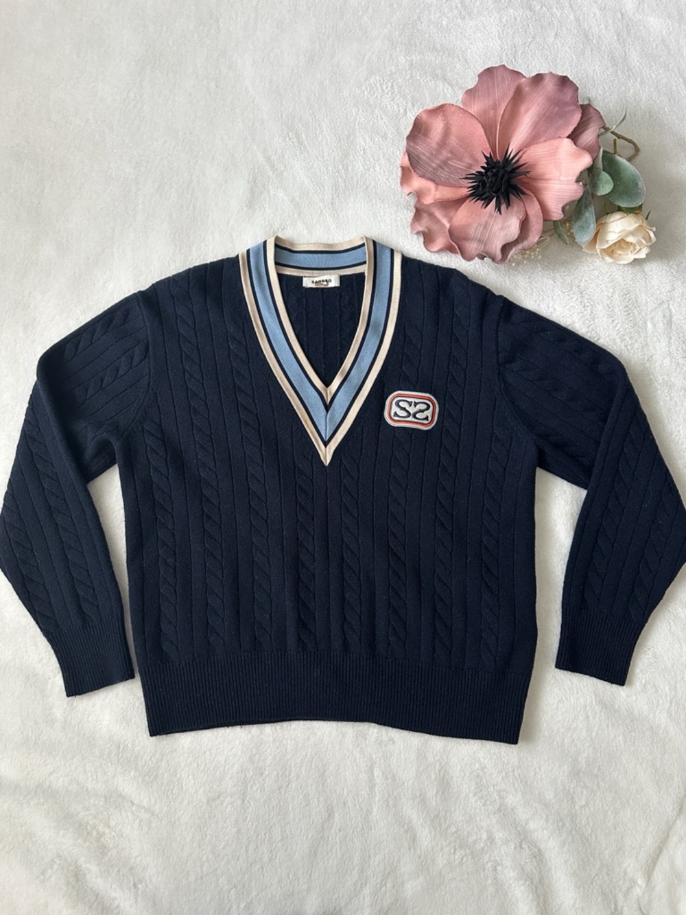 Sandro Monogram V-Neck Sweater Medium